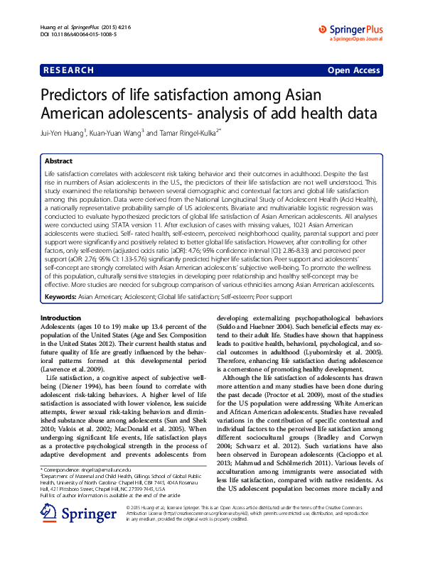 (PDF) Predictors of life satisfaction among Asian American adolescents ...