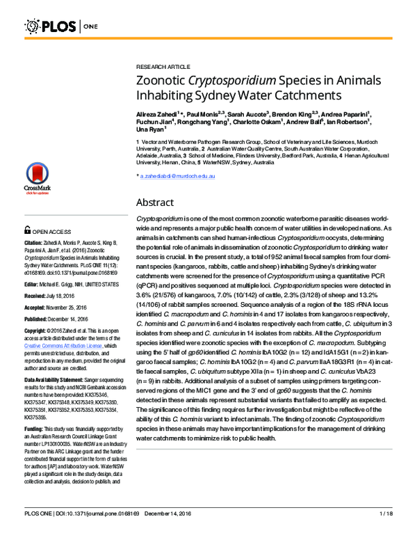 (PDF) Zoonotic Cryptosporidium Species in Animals Inhabiting Sydney ...