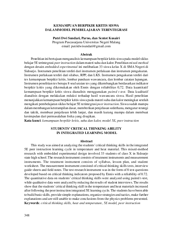 (PDF) Students’ Critical Thinking Ability in Integrated Learning Model