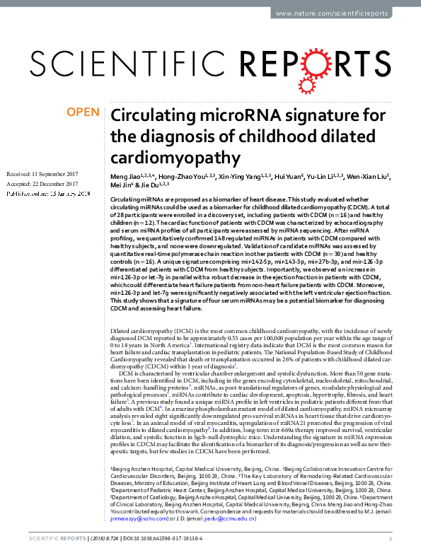 (PDF) Circulating microRNA signature for the diagnosis of very high ...