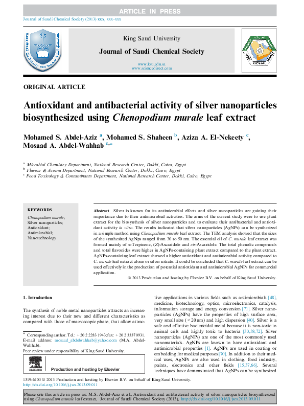 (PDF) Antioxidant and antibacterial activity of silver nanoparticles ...