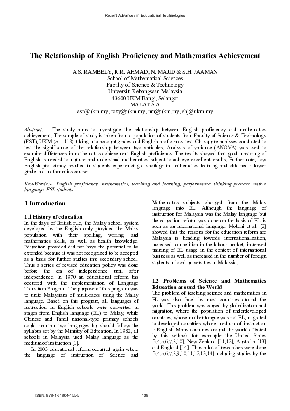 (PDF) The Relationship of English Proficiency and Mathematics Achievement