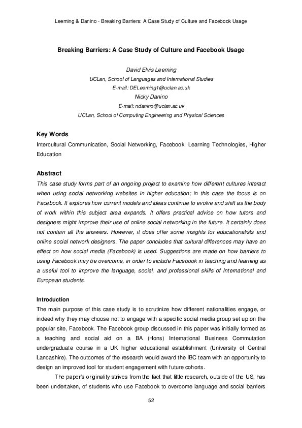 (PDF) Breaking Barriers: A Case Study of Culture and Facebook Usage