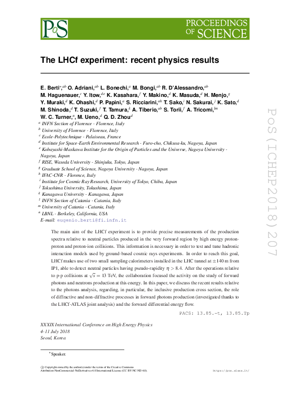 (PDF) The LHCf experiment: recent physics results