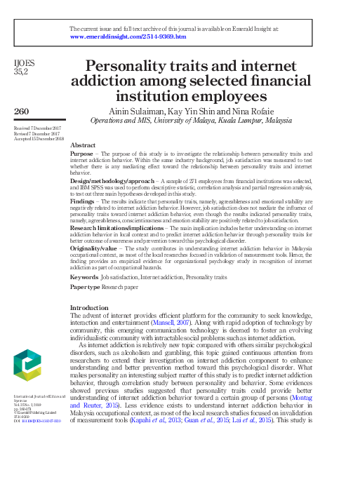 (PDF) Personality traits and internet addiction among selected ...