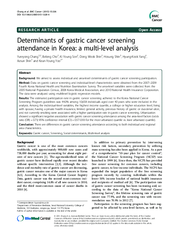 (PDF) Determinants of gastric cancer screening attendance in Korea: a ...