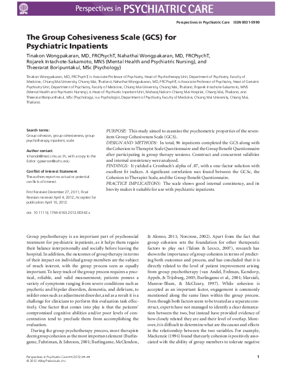 (PDF) The Group Cohesiveness Scale (GCS) for Psychiatric Inpatients