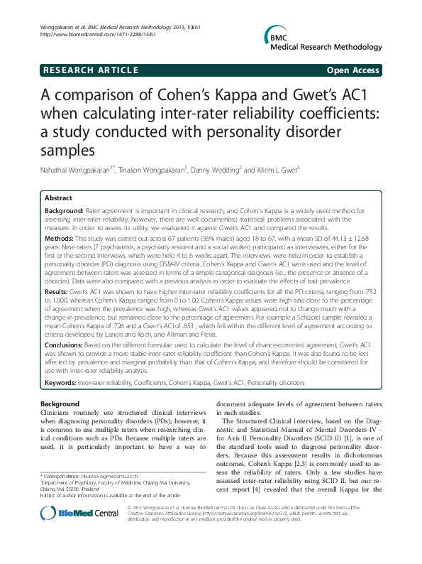 (PDF) A comparison of Cohen’s Kappa and Gwet’s AC1 when calculating ...