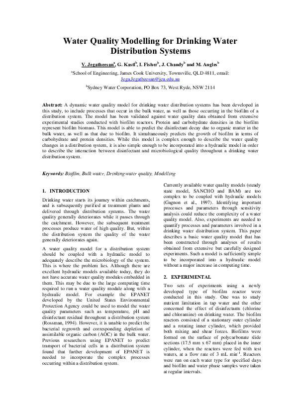 Pdf Water Quality Modelling For Drinking Water Distribution Systems