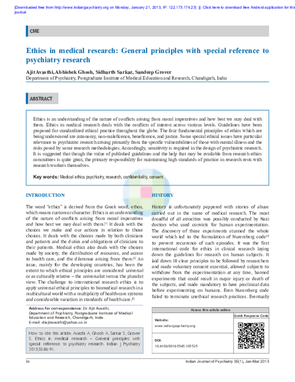 (PDF) Ethics in medical research: General principles with special ...