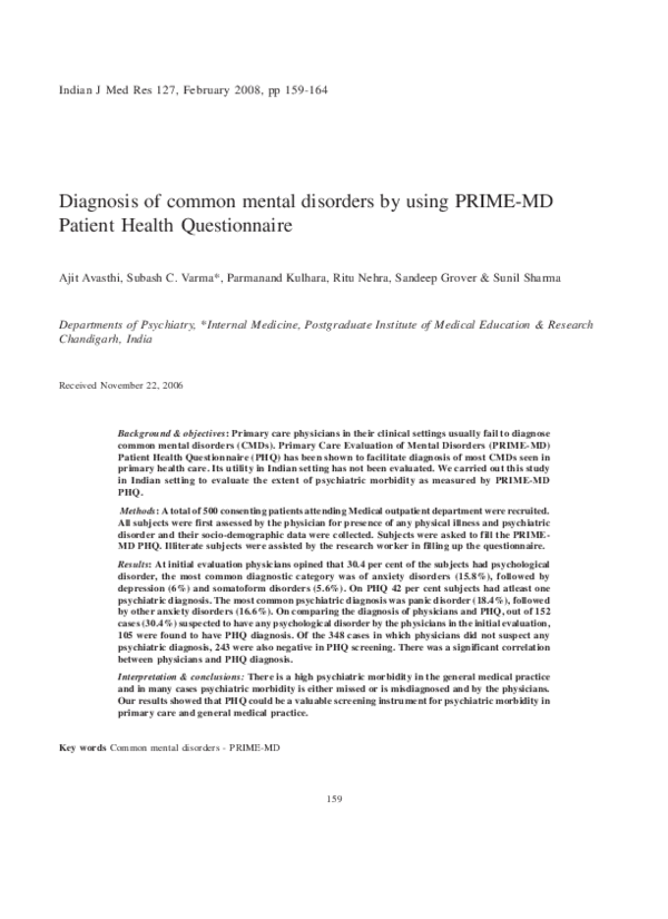 (PDF) Diagnosis of common mental disorders by using PRIMEMD Patient