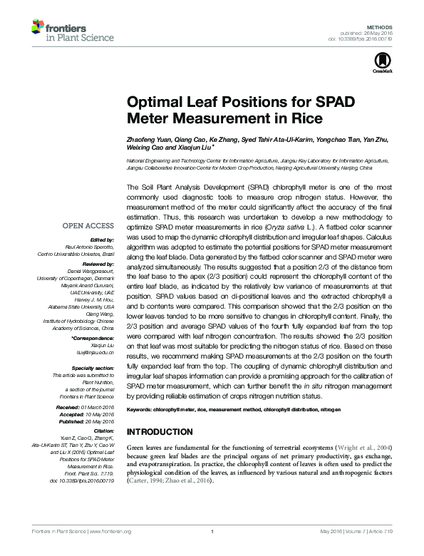 (PDF) Optimal Leaf Positions for SPAD Meter Measurement in Rice Syed