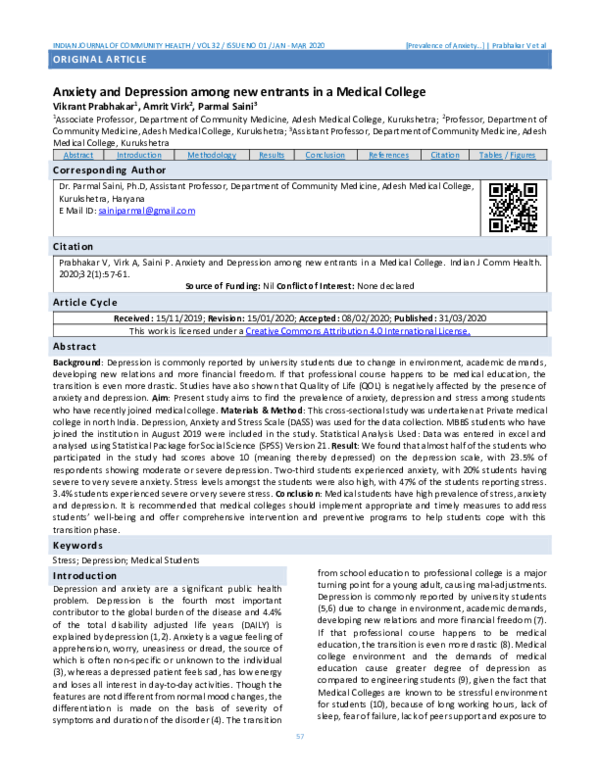 (PDF) Anxiety and Depression among new entrants in a Medical College