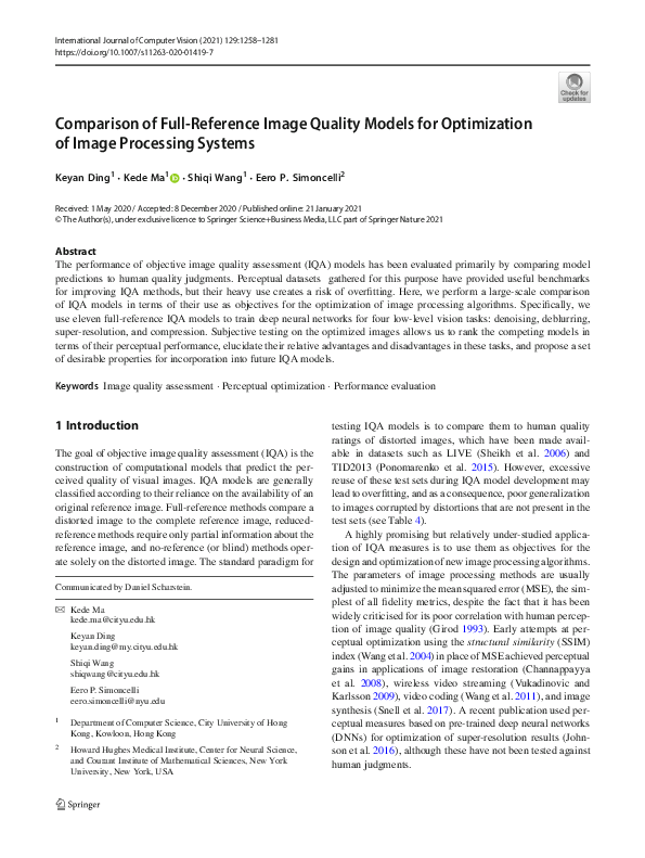 (PDF) Comparison of Full-Reference Image Quality Models for ...