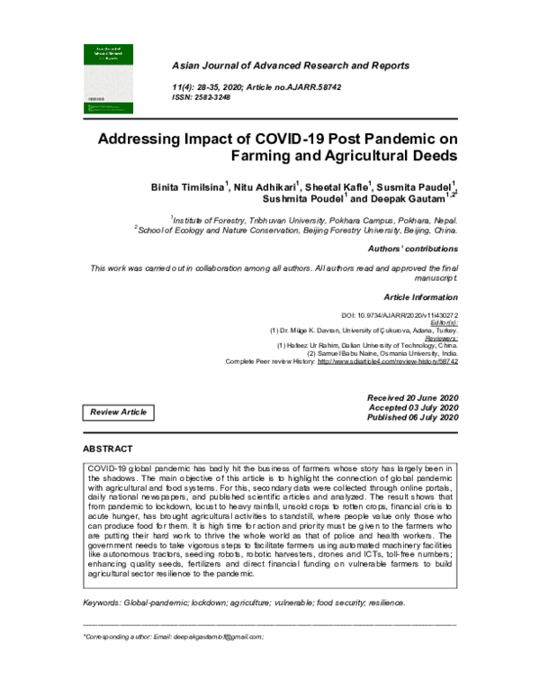 (PDF) Addressing Impact of COVID-19 Post Pandemic on Farming and ...