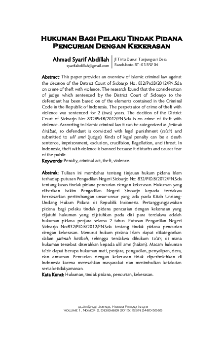 (PDF) Hukuman Bagi Pelaku Tindak Pidana Pencurian Dengan Kekerasan