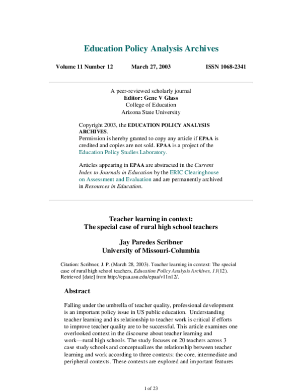 (PDF) Teacher learning in context: The special case of rural high ...