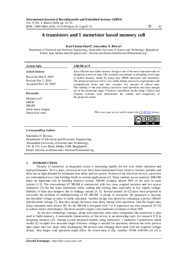 (PDF) 6 Transistors and 1 Memristor based Memory Cell
