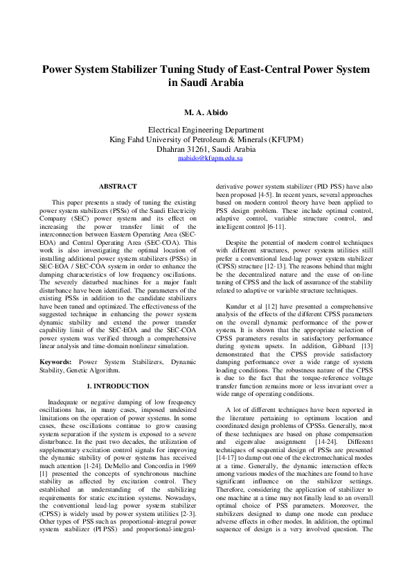 (PDF) Power system stabilizer tuning study of east-central power system ...