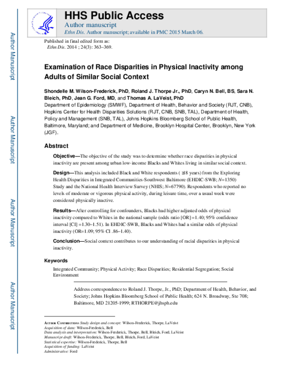  PDF Examination Of Race Disparities In Physical Inactivity Among 