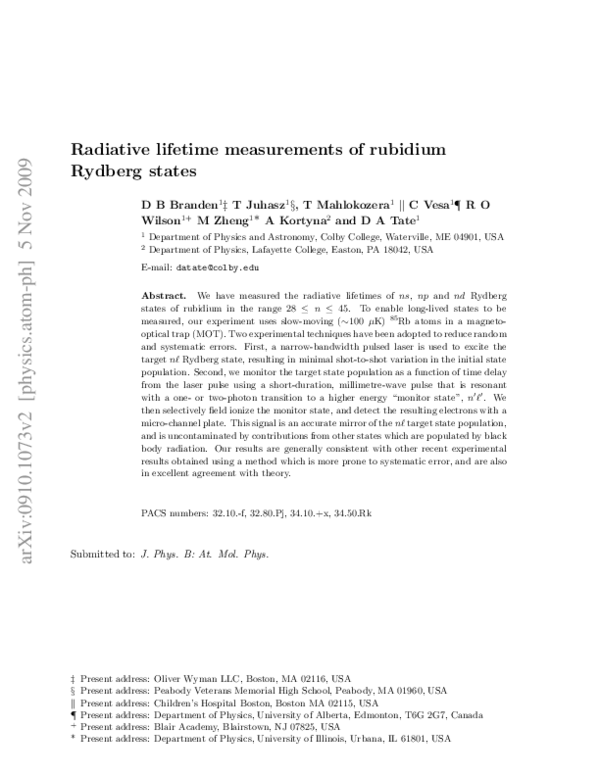 (PDF) Radiative lifetime measurements of rubidium Rydberg states