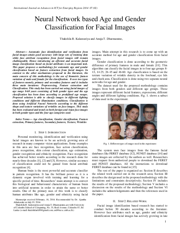 (PDF) Neural Network based Age and Gender Classification for Facial Images