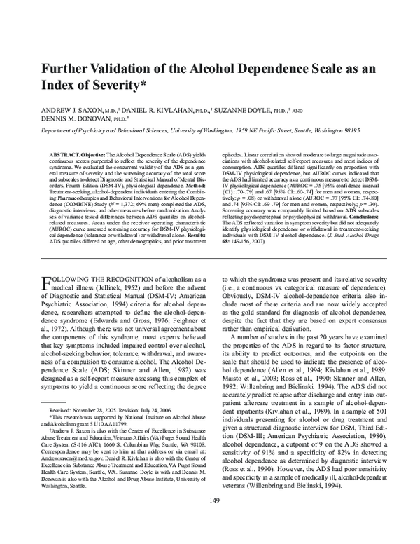 (PDF) Further validation of the alcohol dependence scale as an index of