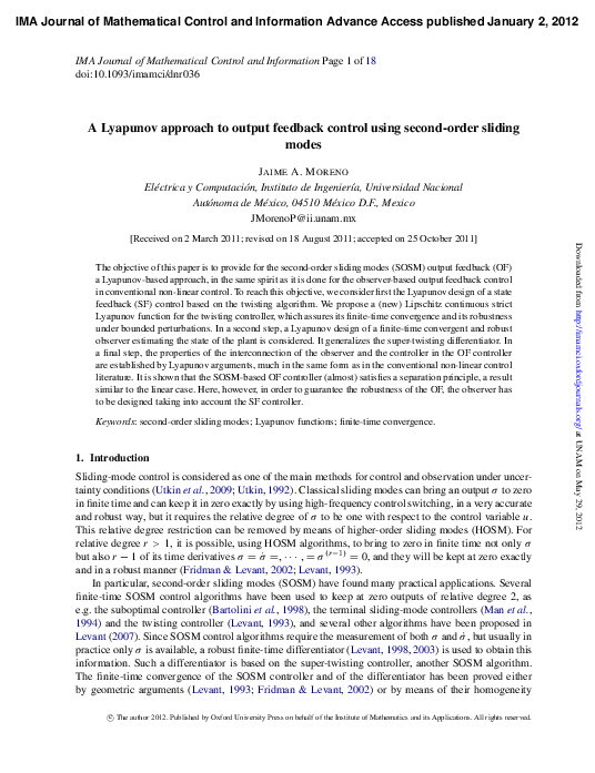 (PDF) A Lyapunov approach to output feedback control using second-order ...