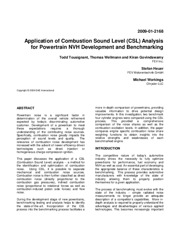 (PDF) Application of Combustion Sound Level (CSL) Analysis for Powertrain