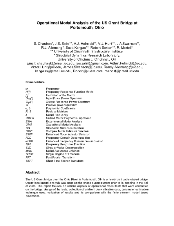 (PDF) Operational Modal Analysis of the US Grant Bridge at Portsmouth, Ohio