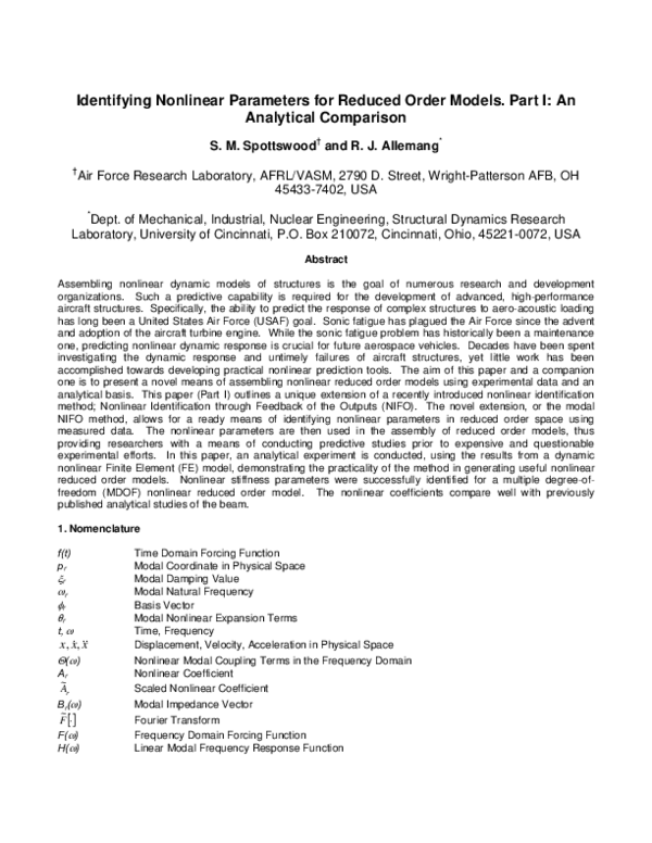 (PDF) Identifying Nonlinear Parameters for Reduced Order Models. Part ...