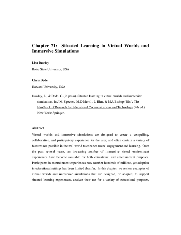 (PDF) Situated Learning in Virtual Worlds and Immersive Simulations