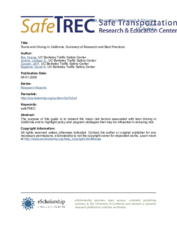 (PDF) Teens and Driving in California: Summary of Research and Best ...