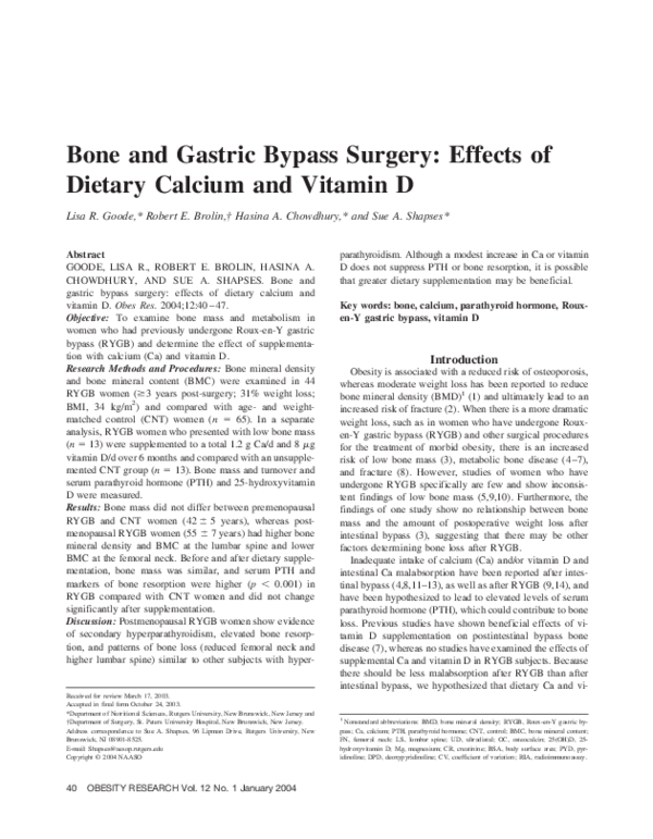 (PDF) Bone and Gastric Bypass Surgery: Effects of Dietary Calcium and ...