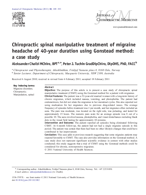 (PDF) Chiropractic spinal manipulative treatment of migraine headache