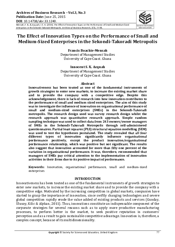 (PDF) The Effect of Innovation Types on the Performance of Small and ...