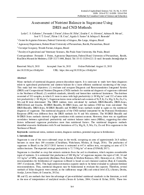 (PDF) Assessment of Nutrient Balance in Sugarcane Using DRIS and CND ...