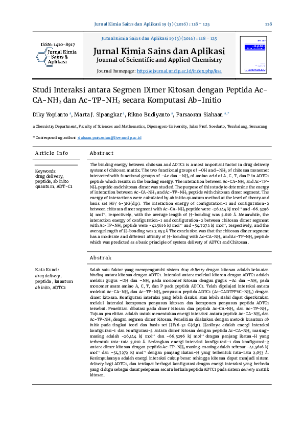 (PDF) Studi Interaksi antara Segmen Dimer Kitosan dengan Peptida Ac-CA ...