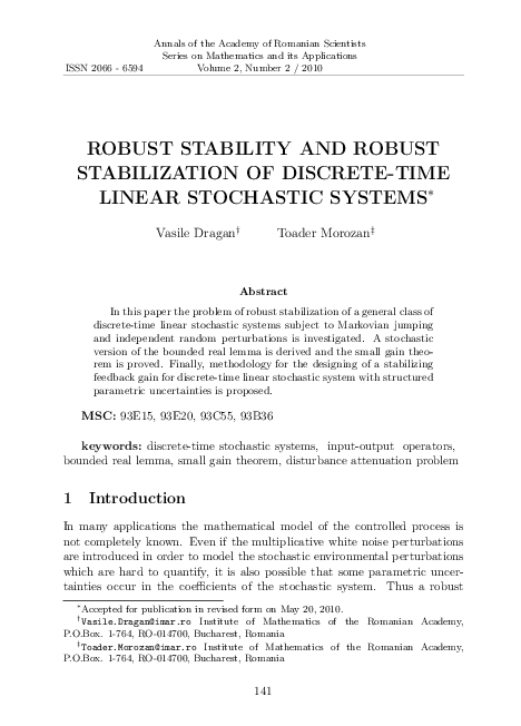 (PDF) Robust stability and robust stabilization of discrete-time linear ...