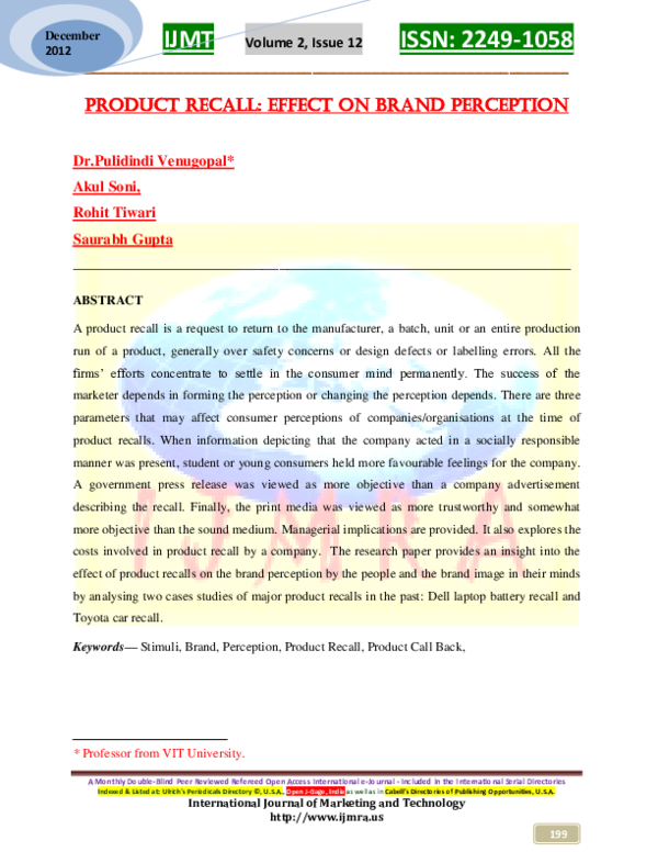 (PDF) PRODUCT RECALL: EFFECT ON BRAND PERCEPTION