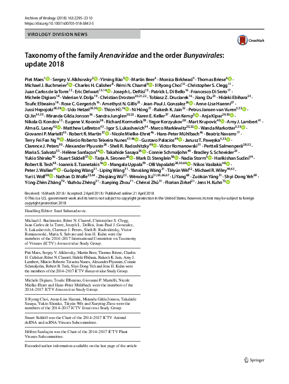 (PDF) Taxonomy of the family Arenaviridae and the order Bunyavirales ...