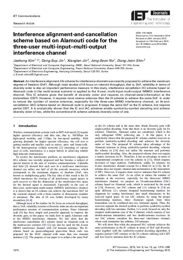 (PDF) Interference alignment-and-cancellation scheme based on Alamouti ...
