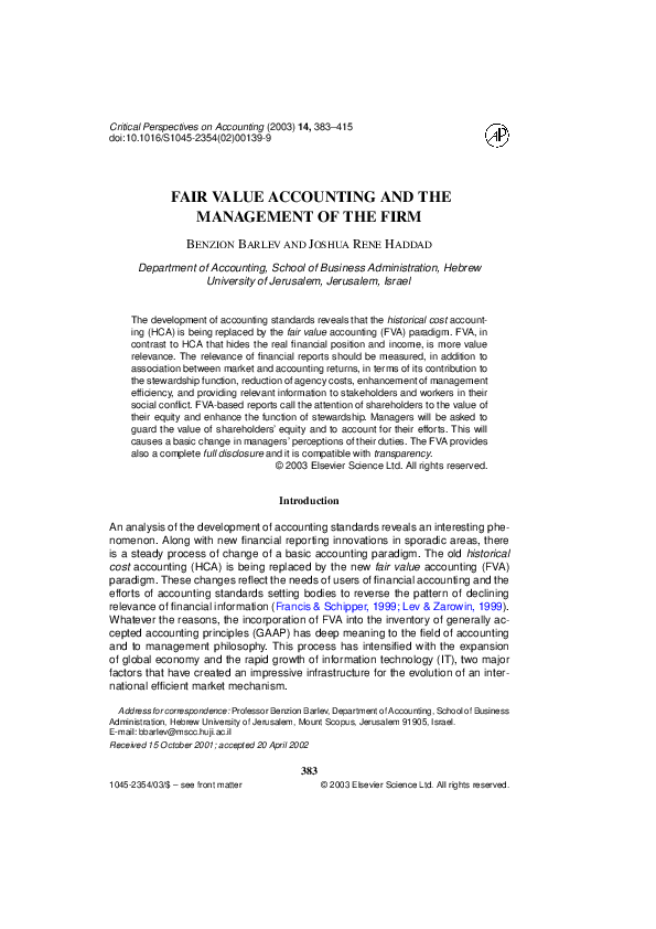 (PDF) Fair Value Accounting and the Management of the Firm