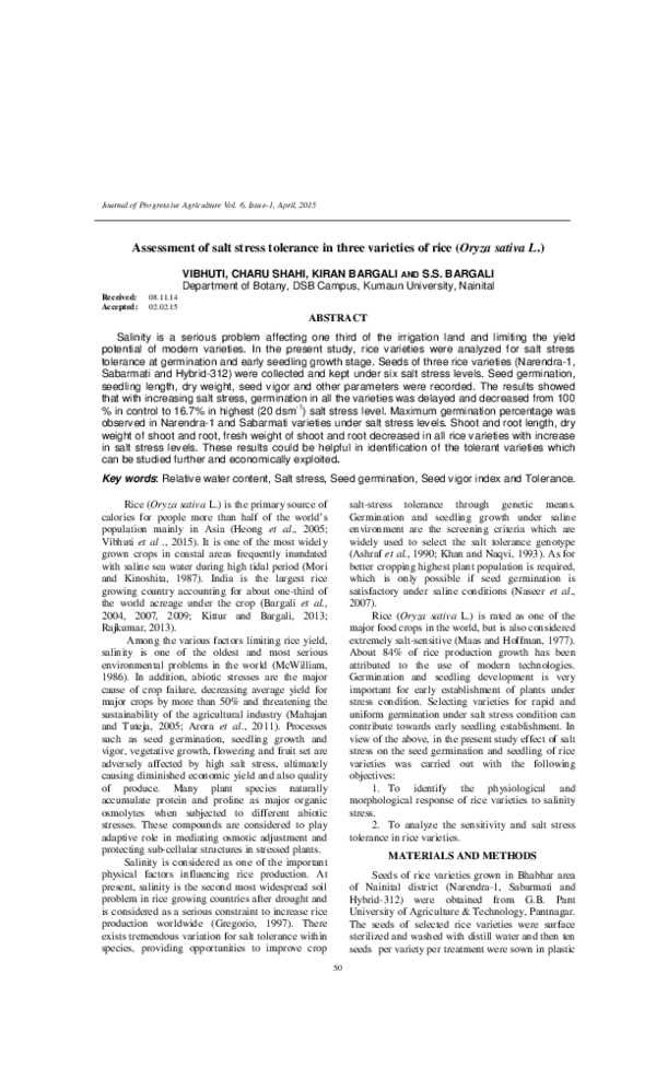 (PDF) Assessment of salt stress tolerance in three varieties of rice ...