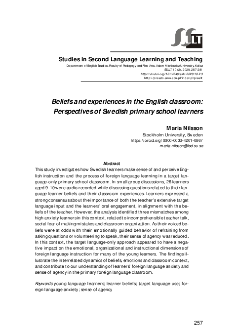 (PDF) Beliefs and experiences in the English classroom: Perspectives of ...