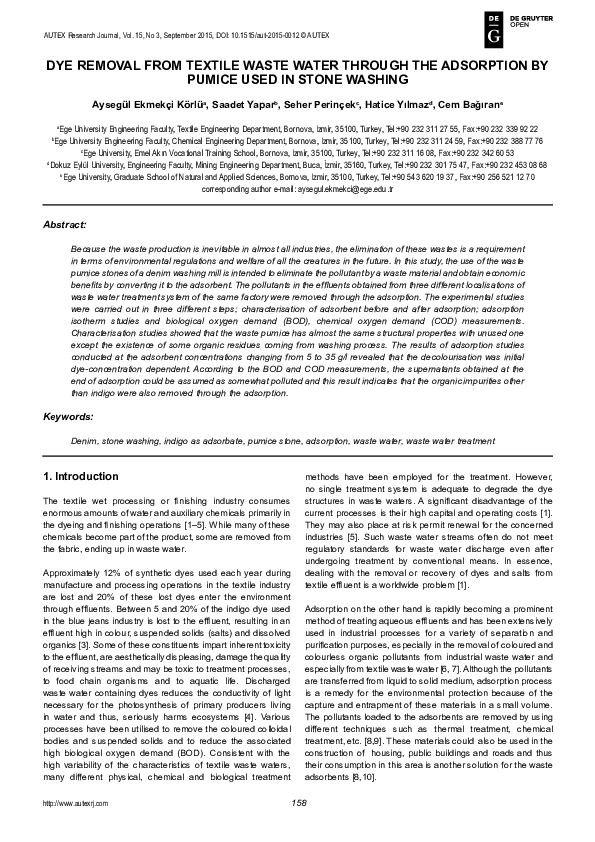 (PDF) Dye Removal From Textile Waste Water Through The Adsorption By ...