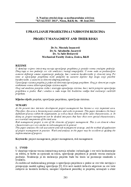 (PDF) Upravljanje Projektima I Njihovim Rizicima Project Managment and ...