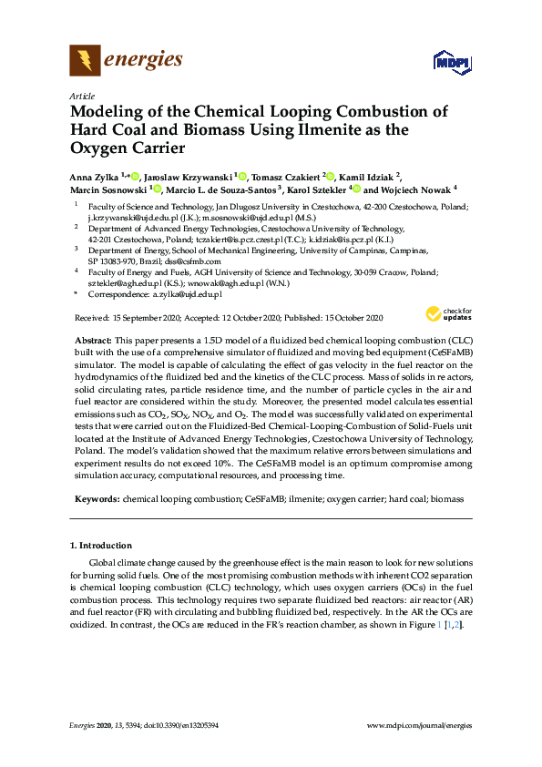 (PDF) Modeling of the Chemical Looping Combustion of Hard Coal and ...