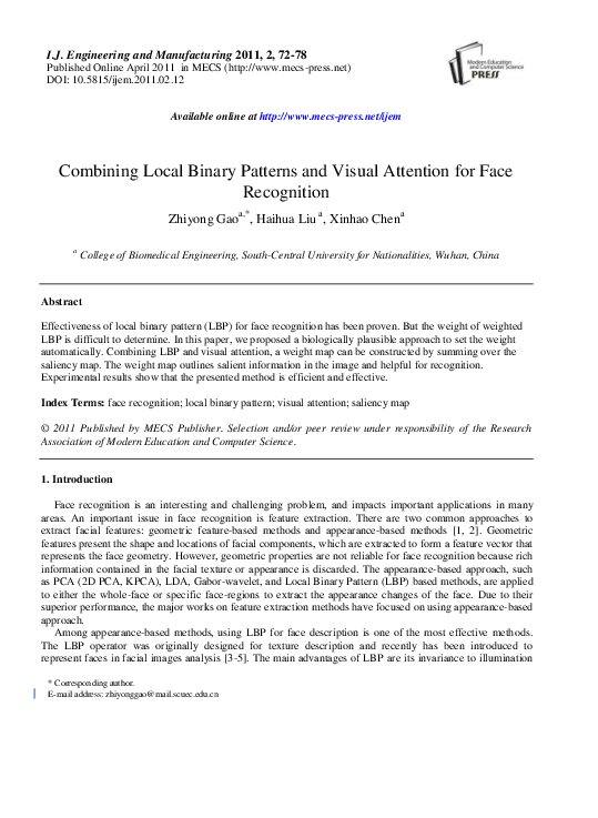 (PDF) Combining Local Binary Patterns and Visual Attention for Face ...