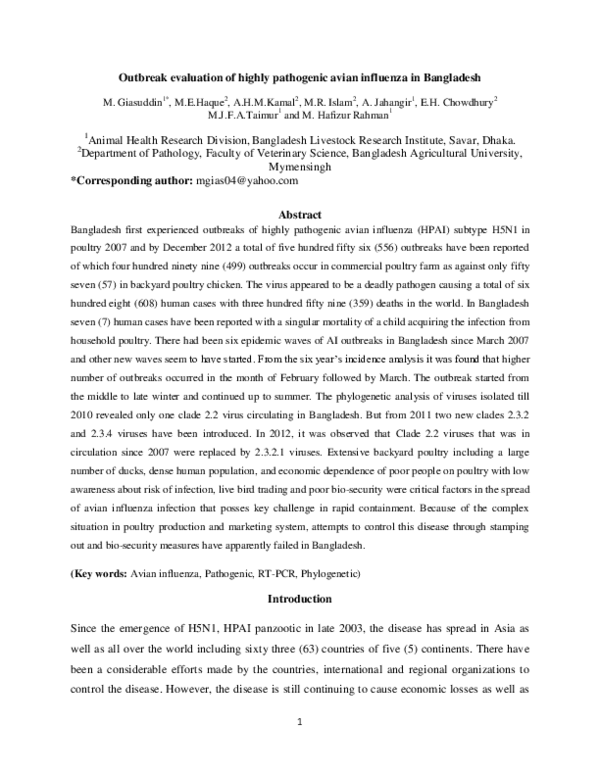 (PDF) Outbreak evaluation of highly pathogenic avian influenza in ...